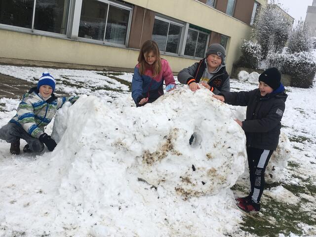 Die willkommene Maskenpause nutzten Alexander Koblmüller, Laura Scholbauer, Simon Hofer und Benjamin Jell  von der 1. A-Klasse der Mittelschule Rohrbach für den Bau ihrer ersten Schneeburg in diesem Winter | Foto: Helmut Eder