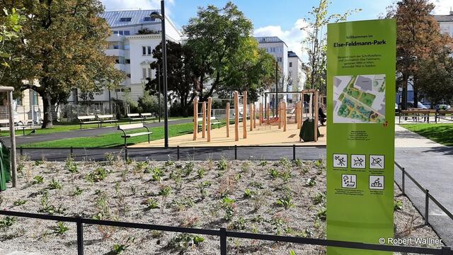 Der neue  Else-Feldmann-Park bietet mehr Grünraum, Spielgeräte und Bäume für die Bewohner von Volkert- und Alliiertenvierte. | Foto: Wallner