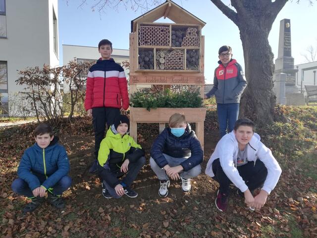 Eines der Insektenhotels der Schüler und ihrer Lehrerin Andrea Hemetsberger in der Karl-Hausjell Allee. | Foto: Naturpark Mittelschule Schörfling
