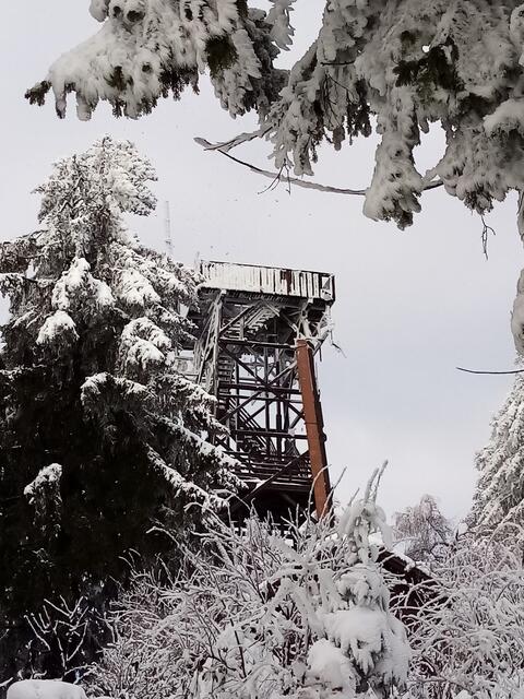 Beim ersten Blick auf die Warte, sehe ich ihr vereistes Kleid.  102 Stufen führen zu einer Aussicht, die bei klarem Wetter bis zum Schneeberg, Neusiedler See, Wechsel und nach Slowenien reicht.