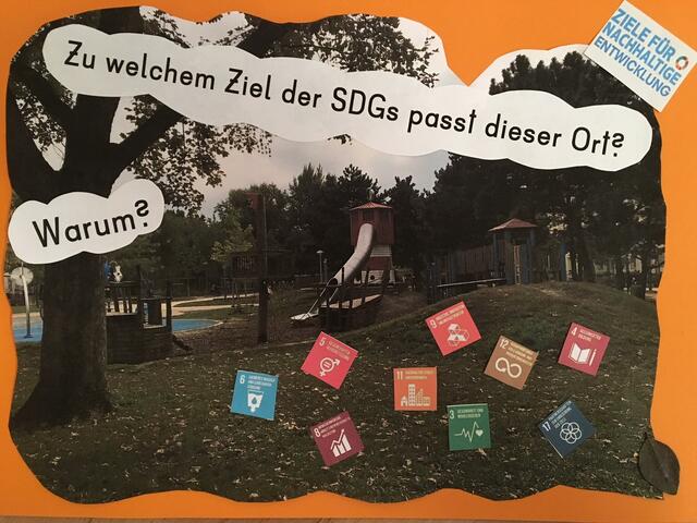 An der Wehli-Tafel an der Schule wurden Rätselbilder zur AGENDA 2030 aufgehängt, hier zum Max Winter Park im Stuwerviertel | Foto: Österr. Ökologie-Institut