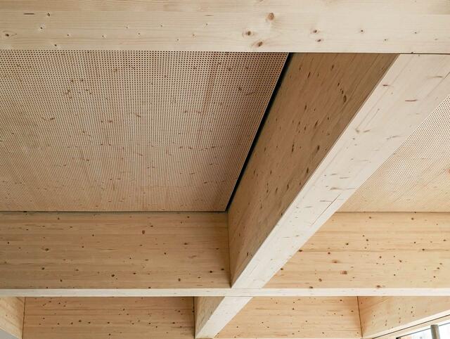 Spezielle Holzpaneele optimieren die Raumakustik.