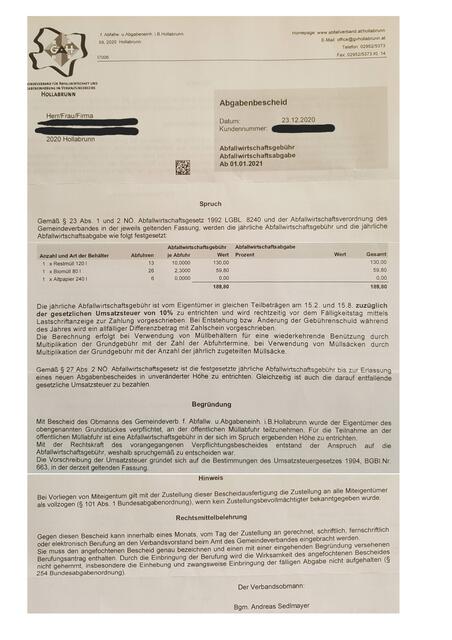 Anonymisiertes Original-Schriftstück des Abfallverbandes.