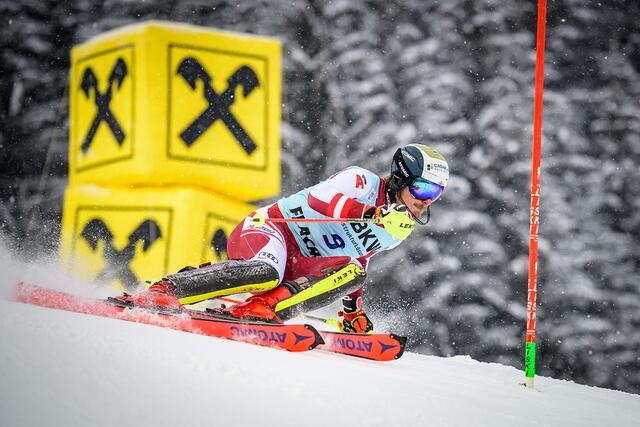 Manuel Feller bei seiner Siegesfahrt in Flachau am Samstag. | Foto: Skiweltcup Flachau/C. Huber