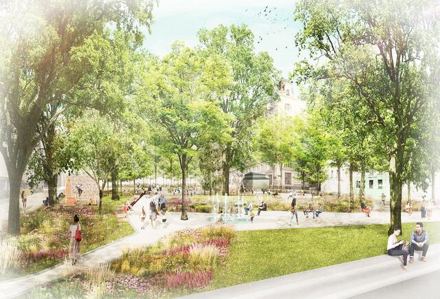 Der Loquaipark wird im Herbst 2021 zu einer grünen Oase mitten im6. Bezirk umgestaltet.  | Foto: Rendering: Carla Lo