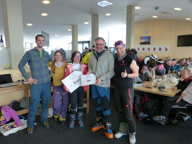Scheckübergabe beim Oberland Tourencup 2020: Joachim Nigg (Team OnSight), Isabell Marth (Obfrau Team OnSight), Anita Singer (Geschäftsführerin Österreichische Krebshilfe Tirol), Christian Marth (Präsident Österreichische Krebshilfe Tirol) und Manuela Baumann (Team OnSight | Gemmafit) (v.li.).