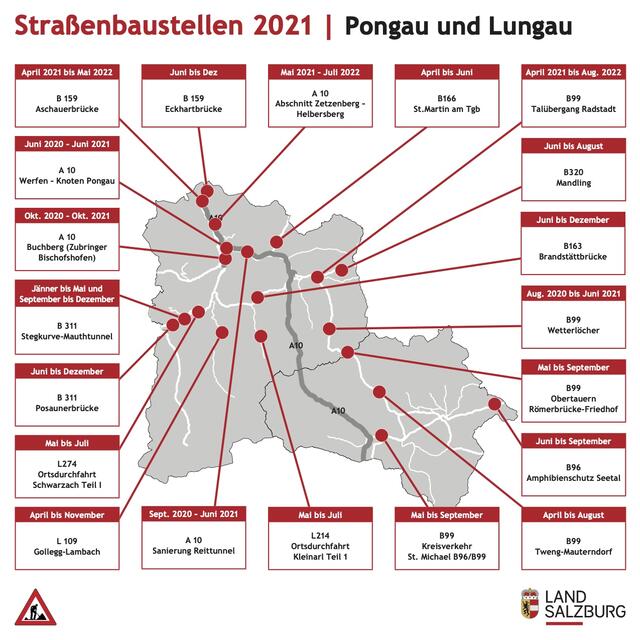 Die Grafik zeigt die Straßenbauvorhaben 2021 im Pongau und im benachbarten Lungau.