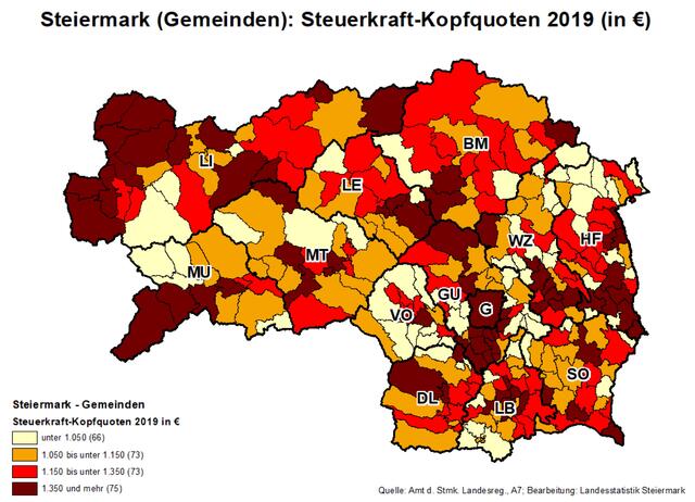 Graz liegt als einzige Gemeinde über den Durchschnittswert von 1.512 € pro Einwohner in der Steiermark für 2019.
Der Durschnittswert ohne die Landeshauptstadt sind 1.341 €/Einwohner.