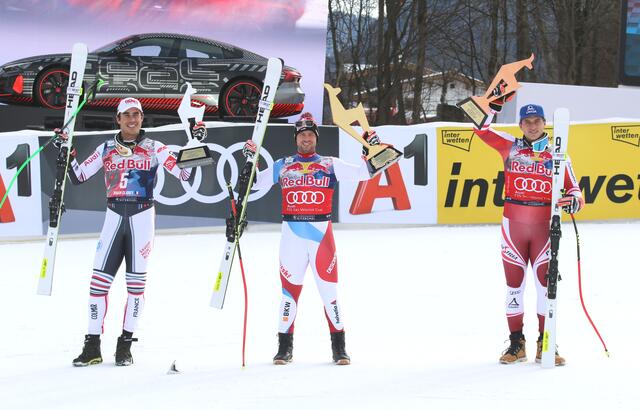 Die Top-3: Johan Clarey (2.), Beat Feuz (1.) und Matthias Mayer (3.) . v.l.n.r.