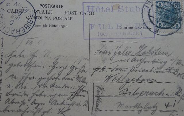 Alte Ansichtskarte: Abgestempelt u.a. im Fulpmer Hotel Stubai, aufgegeben in Innsbruck und eingegangen in Biberach an der Riss. | Foto: Archiv Kapferer