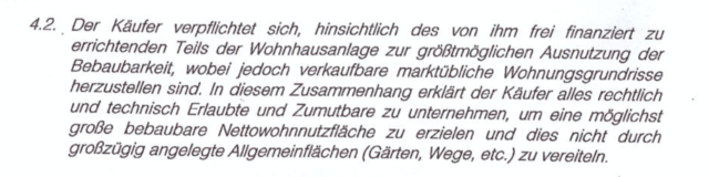 Auszug aus einem der Kaufverträge.
Quelle: Bauträger Gallitzinstraße 8 Projektentwicklungs GesmbH (SÜBA), 3. August 2017, 2. Nachtrag, Seite 2, Punkt 4.2. | Foto: Screenshot/mjp