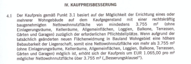 Je mehr verbaut wreden kann, desto höher der Kaufpreis.

Quelle: Bauträger Gallitzinstraße 8 Projektentwicklungs GesmbH (SÜBA), Kaufvertrag vom 16. Dezember 2015, Seite 4, Punkt 4.1. | Foto: Screenshot/mjp