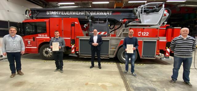 Neues Feuerwehrkommando in Oberwart gewählt: ABI Ernst Imre, Kmdt Philipp Rath, Bgm. Georg Rosner, KmdtStv Thomas Oswald und BFKmdt Wolfgang Kinelly | Foto: Stadtfeuerwehr Oberwart