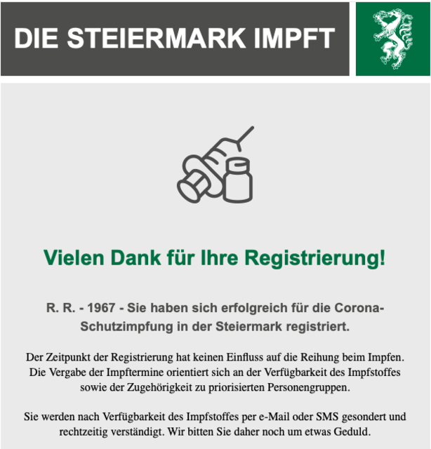 So sieht die Bestätigung aus, die nach Registrierung per Mail zugesandt wird.