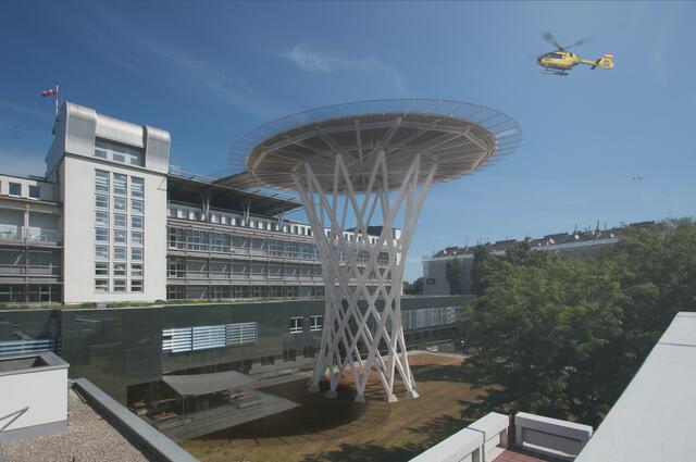 Visualisierung der neuen Hubschrauberlandeplattform im Traumazentrum Wien am Standort Meidling.