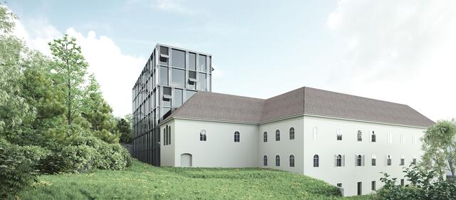 Der sechsstöckige Neubau schließt an die denkmalgeschützte ehemalige Klosterbibliothek an.