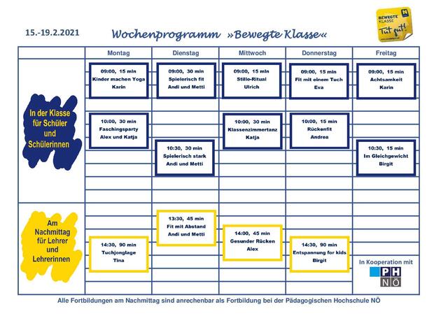 Der Online-Stundenplan enthält zahlreiche Bewegungsangebote