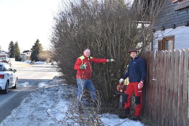 Vizebürgermeister Johannes Mainhard und Gemeinderat Martin Pfandl legten selbst Hand an und schnitten die Hecke.