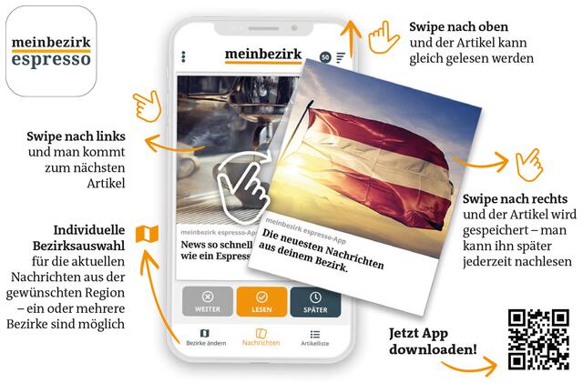 So einfach funktioniert die "meinbezirk-espresso-App". Im Mittelpunkt steht das Motto: "wischen statt klicken". Probieren Sie es aus – und laden Sie die App herunter.