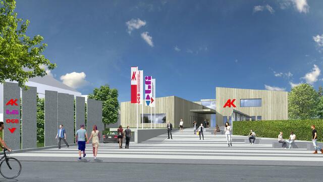 Die Arbeiterkammer Ried wird bis Herbst 2021 neu errichtet und nach Fertigstellung so aussehen. Bis zum Einzug befindet sich die AK Ried im Ausweich­quartier im alten ISG Gebäude in der Goethe­straße 29- | Foto: Arbeiterkammer Oberösterreich