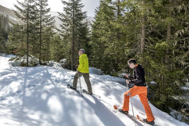 Mit Schneeschuhen wandert man abseits der Wanderwege durch die ruhigen Wälder. So bleibt auch Zeit, auf Tiergeräusche zu hören und die Natur zu genießen.