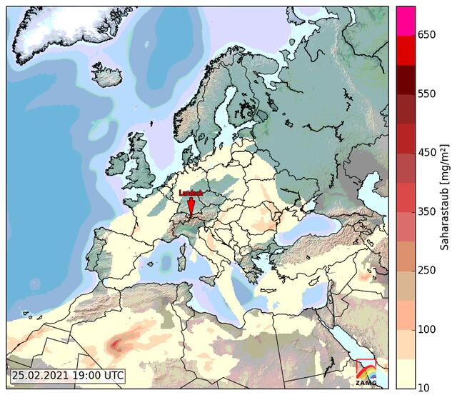 Bild 16_ZAMG_2021-02-25_19 Uhr: Vorhersage bis heute Abend. Mit Ausnahme entlang der Grenze zu Ungarn sollte nun Österreich wieder zur Gänze frei vom Saharastaub sein. | Foto: © by Ing. Günter Kramarcsik - Grafik von ZAMG