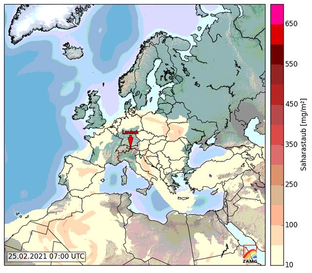 Bild 15_ZAMG_2021-02-25_07 Uhr: westlich von Salzburg hat sich laut der Vorhersage der Saharastaub schon verzogen. Ein Blick in den Osten (siehe Bild 12) in Richtung Innsbruck zeigt jedoch noch einen dünnen Rest an Saharastaub. Wogegen diese Karte mit den Bildern 13 + 14 in Richtung Westen und Norden als staubfrei schon bestätigt wird.  | Foto: © by Ing. Günter Kramarcsik - Grafik von ZAMG