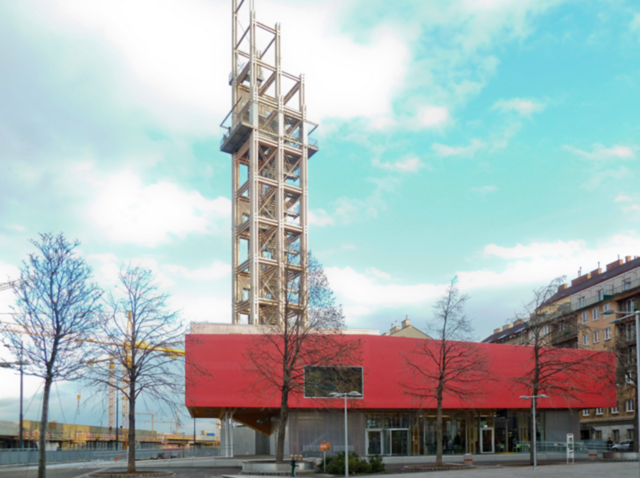 Das Bahnorama war ein Aussichtsturm am Sonnwendplatz, um die Baufortschritte beobachten zu können.