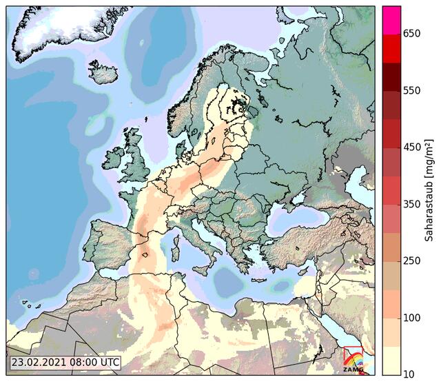 Bild 04: Über Vorarlberg und Tiroler Oberland liegen am 23.2. um 8 Uhr Staubschwaden mit 10 bis 50 mg/m² Saharastaub. | Foto: © by Ing. Günter Kramarcsik - Grafik von ZAMG