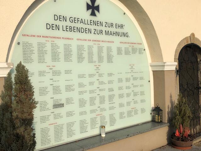 Die Glastafel am Friedhof wird erneuert. Seit Herbst 2020 ist der Name von NS-Verbrecher Ferdinand Sammern-Frankenegg überklebt.