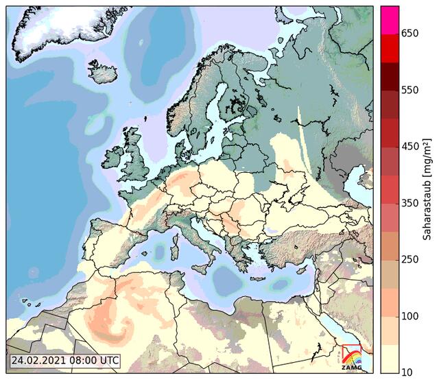Bild 10: Über ganz Österreich liegen am 24.2. um 8 Uhr Staubschwaden mit 10 bis 50 mg/m² Saharastaub. | Foto: © by Ing. Günter Kramarcsik - Grafik von ZAMG