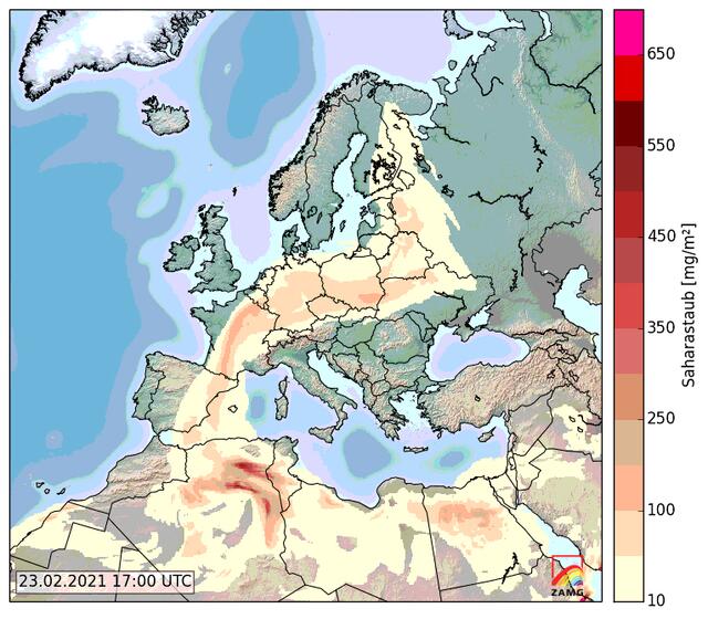 Bild 05: Über Vorarlberg und Tiroler Oberland liegen am 23.2. um 17 Uhr fast keine Staubschwaden mehr und wenn doch so nur mehr kleinräumig mit 10 bis 50 mg/m² Saharastaub. | Foto: © by Ing. Günter Kramarcsik - Grafik von ZAMG