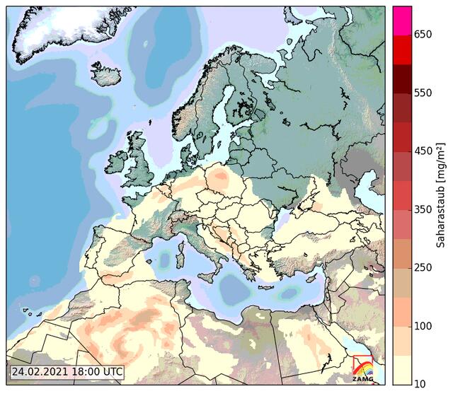 Bild 11: Der Westen von Österreich liegt am 24.2. um 18 Uhr im Randbereich der Staubschwaden mit 10 bis 50 mg/m² Saharastaub und ist kleinräumig schon staubfrei, wie man dies auch den vorigen Fotos entnehmen kann. | Foto: © by Ing. Günter Kramarcsik - Grafik von ZAMG