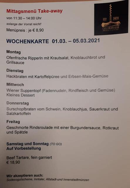 Das Mittasmenü zum mitnehmen im Culinarium in der Pfarrgasse.