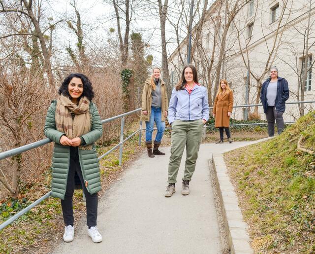 Setzen sich für die Wildbienen ein, die hier am Hang gerne in den offenen Erdbereichen nisten: Saya Ahmad (SPÖ), Andrea Möller, Isabella Klebinger, Julia Lanner und Bezirksrätin Christa Schmid (Grüne, v.l.).