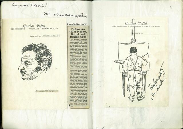 Gästebuchseite, rechts Fred Sinovats beim Malen | Foto: Eduard Sauerzopf und  Peter Sattler