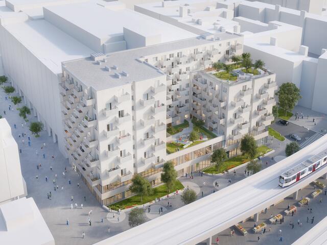 Das Projekt "Kay" entsteht direkt bei der Öffi-Station "Handelskai". Neben Wohnungen sind auch Geschäfte geplant. | Foto: Visualisierung Expressiv (Rendering)