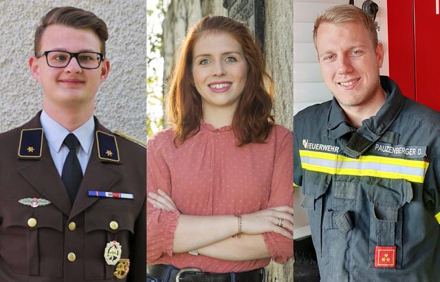 Stefan Miniberger von der FF Pupping, Vanessa Ehrengruber von der Landjugend Bezirk Eferding und Daniel Pauzenberger von der FF Kallham (v. l.) sind einer der diesjährigen Nominierten für den Ehrenamtspreis "Florian".  | Foto: FF Pupping, LJ, FF Kallham