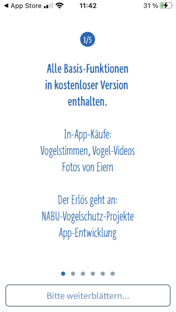Mit unserem App-Tipp der Woche "Nabu Vogelwelt" kann man anhand typischer Federkleider und über 1000 Fotos von heimischen Vögeln diese bestimmen. Erhältlich für iOS und Android. | Foto: Screenshot