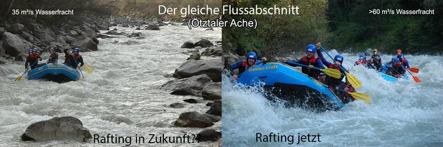 Vergleich Ötztal-Rafting: An ein und derselben Stelle. Links mögliche Zukunftszenario. Rechts derzeitiger Idealzustand. | Foto: © by Ing. Günter Kramarcsik + TRV