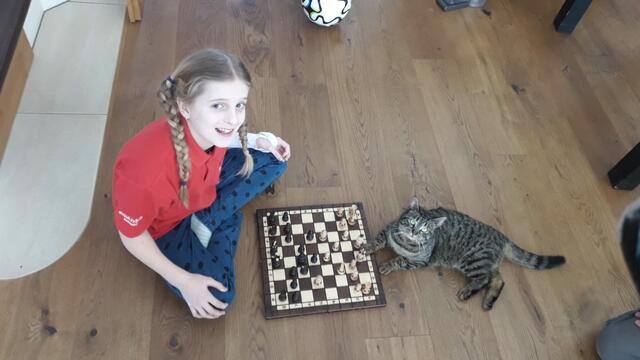 Jasmin Edlbauer mit ihrer Katze beim Schachtraining (die ELO-Zahl der Katze ist leider nicht bekannt) | Foto: Edlbauer
