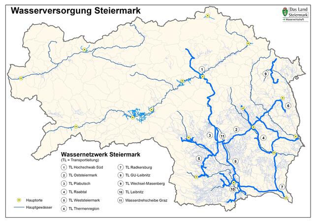 Die wichtigsten steirischen Trinkwasser-Versorgungsleitungen auf einen Blick. | Foto: Land Steiermark/Leiss