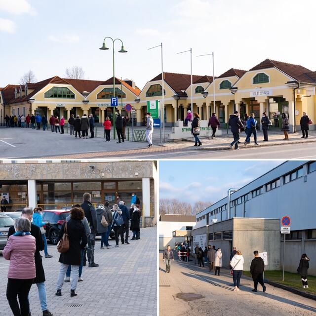 oben: Teststraße beim Breitenauer Steinfeldzentrum. unten links: Ternitzer Teststraße am Hans Czettel Platz. unten rechts: Schlange beim Erholungszentrum in Neunkirchen