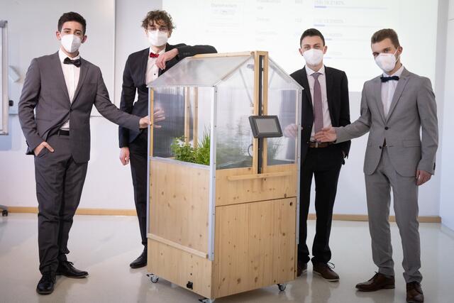 Entwickelten ein vollautomatisiertes Gewächshaus: die HAK digBiz-Schüler Luca Birklbauer, Philipp Pointner, Lukas Kellermann und Stefan Stöbich (v.l.). | Foto: BBS Rohrbach
