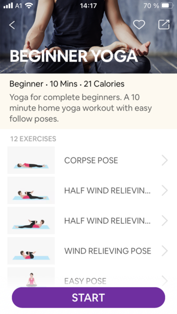Yoga for Beginners – unser App-Tipp der Woche – ist eine kostenlose Yoga-App für Anfänger. Die Übungseinheiten lassen sich für die eigenen Ansprüche auswählen: Von Yoga vor dem Schlafengehen bis hin zu Yoga für den Po. Yoga for Beginners gibt es für Android und IOS. | Foto: Screenshot