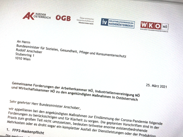 Brief der NÖ Sozialpartner an Bundesminister Anschober. | Foto: Screenshot: Zeiler