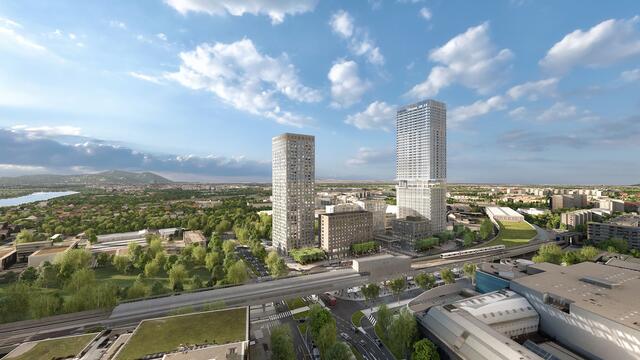 Bis zu 155 Meter hohe Türme werden 2025 mitten in Kagran zu sehen sein. Neben Wohnungen gibt es Büros und ein Hotel. | Foto: K18