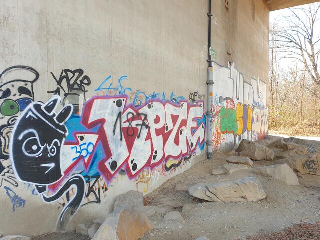 Jede Seite der Pfeiler ist mit Graffiti voll.