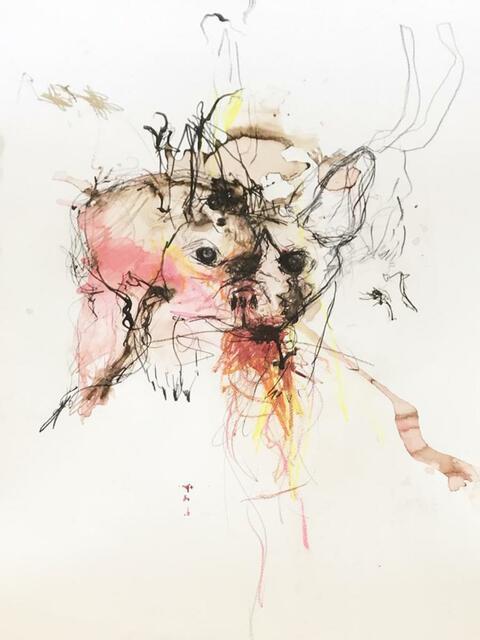 Hündin Emma findet sich in den Bildern von Künstlerin Ina Fasching ebenso wieder: Ina Fasching, Emma, 2017, 76x56cm, Mischtechnik auf Papier. | Foto: Ina Fasching