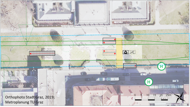 Die U-Bahn-Haltestelle wäre laut Plan "direkt vor dem Uni-Hauptgebäude, nordwestlich der Kreuzung Harrachgasse/Halbärthgasse", weiß TU-Graz-Institutsleiter für Straßen- und Verkehrswesen Martin Fellendorf.